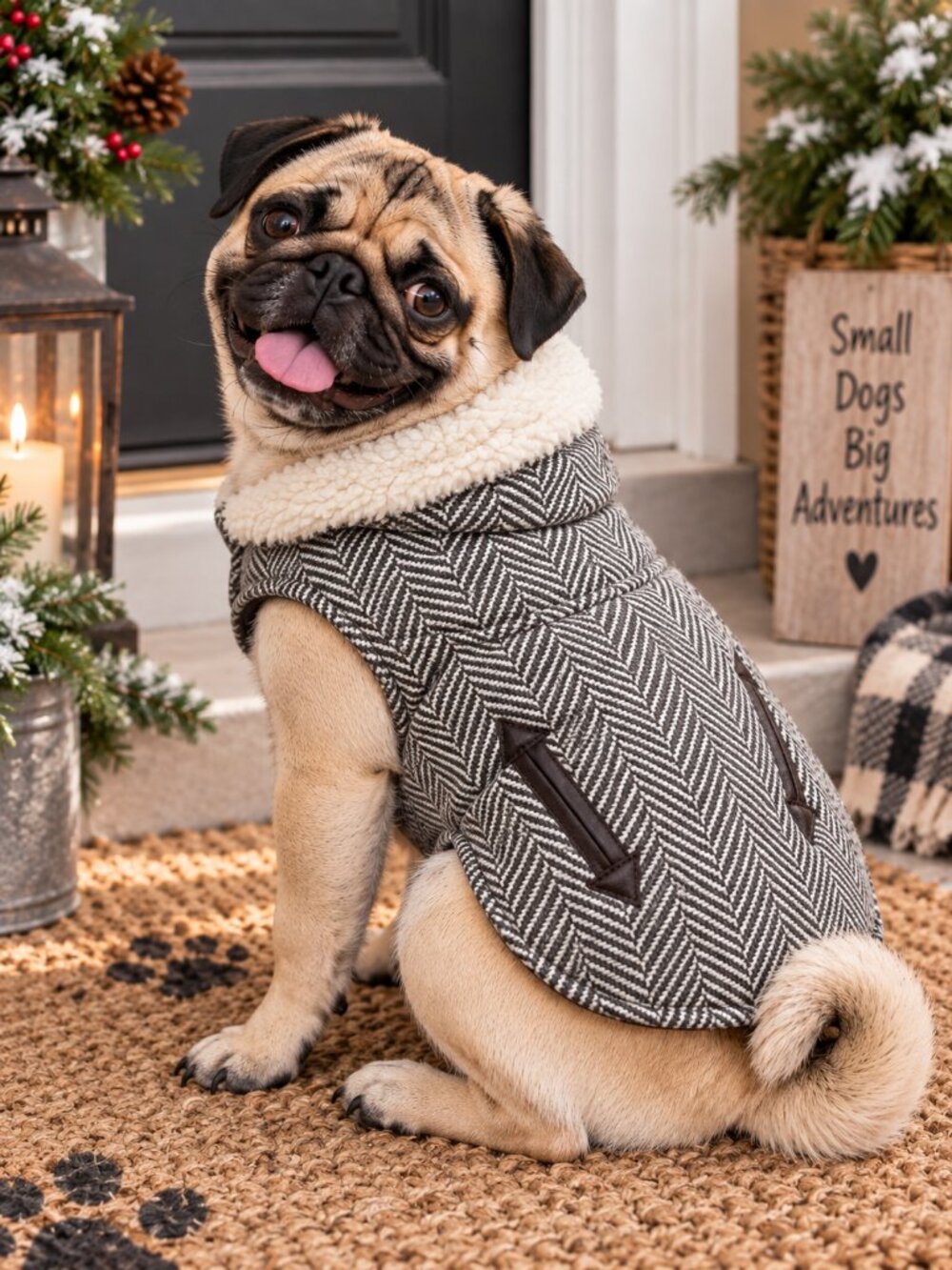 Bailey & Bella Small Dog Coat Grey Herringbone Sherpa Collar Winter Jacket